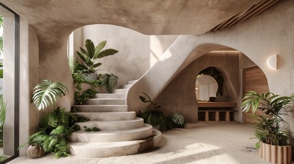Elegant modern interior featuring a curved staircase, natural light, and abundant green plants for a serene and inviting atmosphere.
