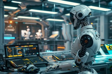 Fototapeta premium Futuristic workspace ai enhanced environment with robotic assistance for advanced operations