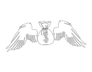 Continuous one line drawing of winged money bag flying. One line drawing illustration of winged money bag. Business, International business day concept single line. Editable outline.