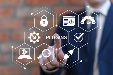 Website plugins concept. Ecommerce CMS with extensions. SEO web developer extension and plugins....