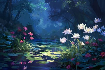 A peaceful and serene natural setting with flowers