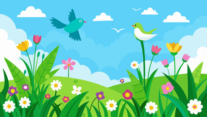 spring-green-grass--flowers--flying-birds--blue-sk