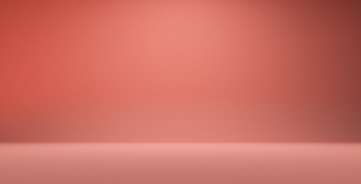 An empty room, salmon pink floor and walls, partially lit. Space for text, 3d background, copy space, mockup, wallpaper. Composition, graphic resource.