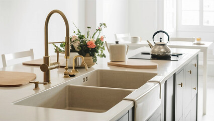 Beautiful bright interior of the kitchen in a minimalist style - kitchen furniture with ceramic sink, brass faucet, cutting boards, kettle and homemade flower on the surface