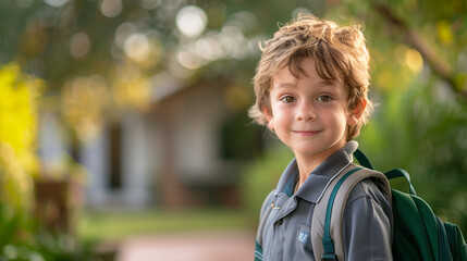 young 7 years old caucasian boy smiling to camera wearing his backpack ready for the first school day