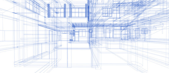 Futuristic Graphic Background Digital Wireframe Architecture in Blue Lines