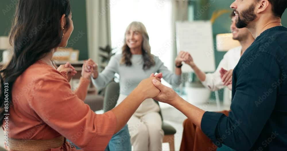 Poster Counseling, group therapy or people holding hands in support at rehabilitation for recovery. Hope, healing and safety with psychology or friends with psychologist for help, community or solidarity