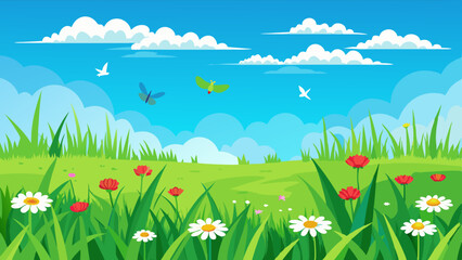 Obraz premium spring-green-grass--flowers--flying-birds--blue-sk