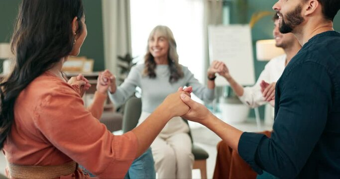 Counseling, group therapy or people holding hands in support at rehabilitation for recovery. Hope, healing and safety with psychology or friends with psychologist for help, community or solidarity