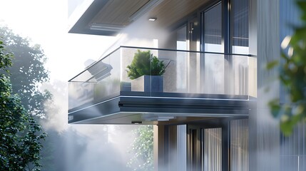 modern balcony with automated environmental controls that adjust the wind shields and mist sprayers based on weather data, enhancing comfort for outdoor relaxation