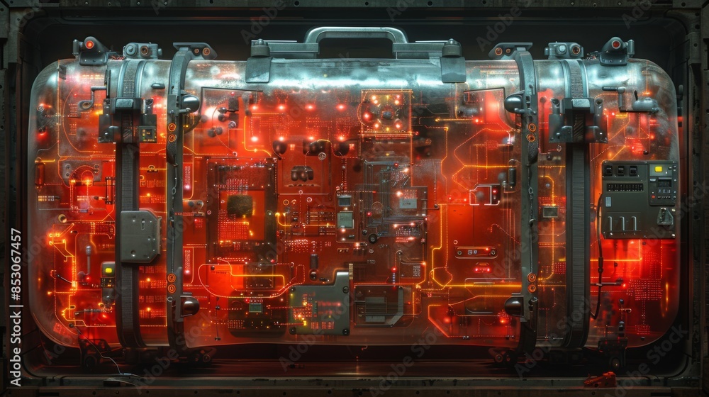 Poster illustrate the intricate circuitry and components of electronic equipment as it appears on the monit