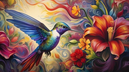 Obraz premium A colorful hummingbird flying next to red and orange flowers.