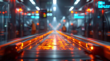 Visualize the bustling airport security area with scanned baggage displayed on the x-ray scanner screen, highlighting the meticulous scrutiny of