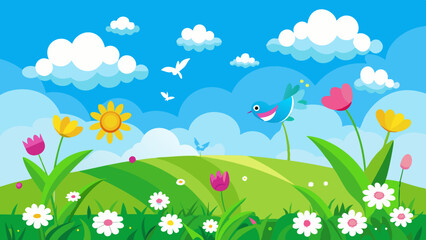 spring-green-grass--flowers--flying-birds--blue-sk