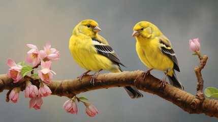 Two yellow siskins are sitting on a branch with pink flowers.