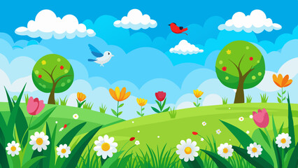 spring-green-grass--flowers--flying-birds--blue-sk