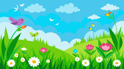 spring-green-grass--flowers--flying-birds--blue-sk