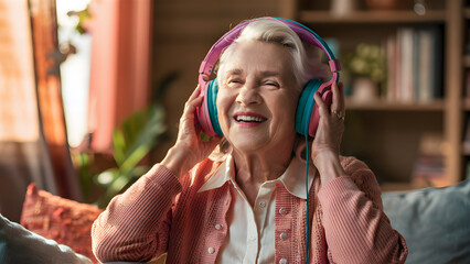 Elderly lady enjoying music with headphones.