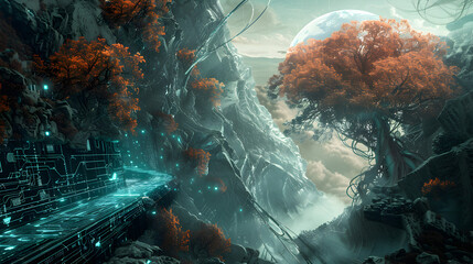 A surreal scene where nature and technology merge.


