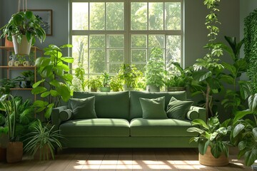 Interior of living room with green houseplants and sofa, Transform Your Living Room, Stylish Sofa and Green Houseplants Interior Ideas, Create a Botanical Haven, Green Houseplants and Sofa Decor Tips 