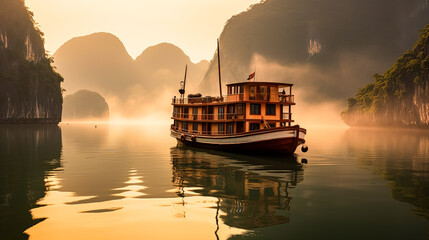 A boat is sailing in a river with mountains in the background.