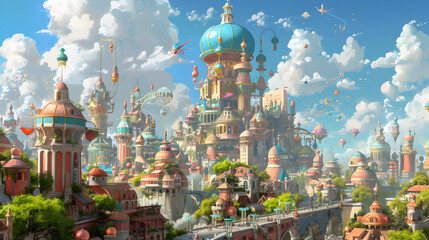 Fototapeta premium A whimsical cityscape with fantastical architecture.