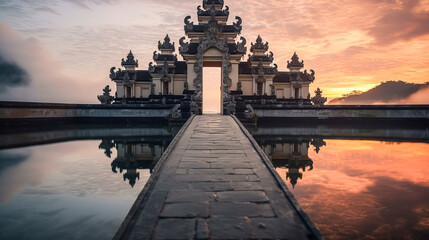 A beautiful temple with a large archway and a bridge leading to it