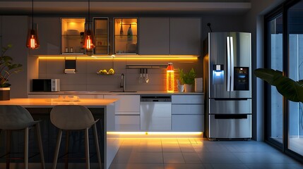 modern kitchen featuring an advanced refrigerator with a touchscreen interface and smart lights that automatically adjust based on the time of day