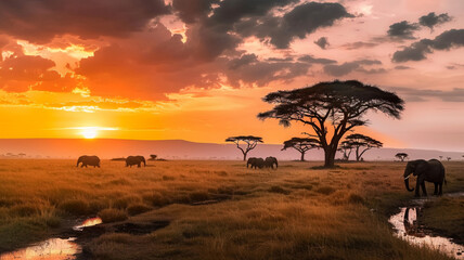 Sunset over the African savannah, AI Generative.