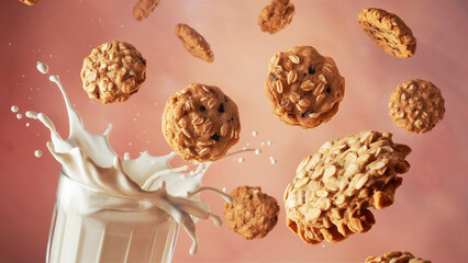 Obraz premium Flying oatmeal cookies next to milk splashing in a glass, set against a pink background