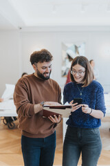 A man and woman engaging in a productive discussion while reviewing information from a book and a...