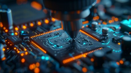 Close-up of a circuit board with a robotic arm soldering a component. AI.
