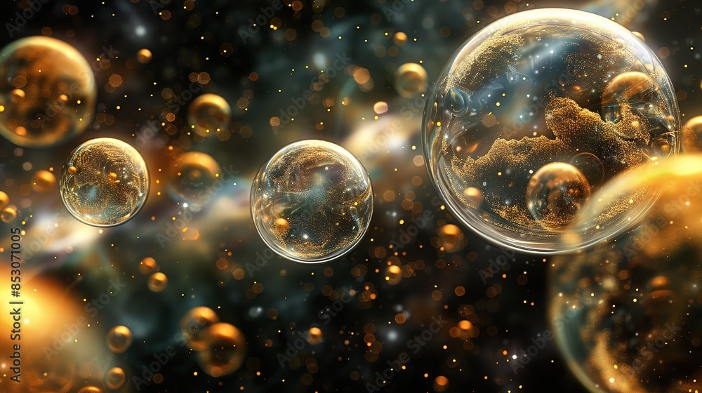 Wall mural translucent golden bubbles floating in a cosmic background with sparkling particles