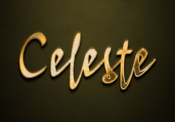 Old gold text effect of name Celeste with 3D glossy style Mockup.