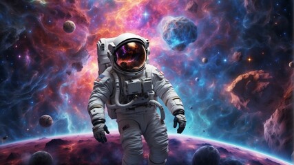Fototapeta premium An astronaut in a spacesuit with a helmet on is exploring a colorful nebula. AI.