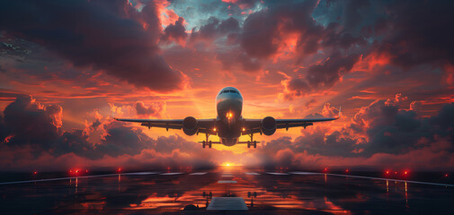 Airplane taking off from an airport runway, over spectacular sunset sky light, Passengers Jet plane in dramatic clouds about to take off. Travel and Tourism Concept