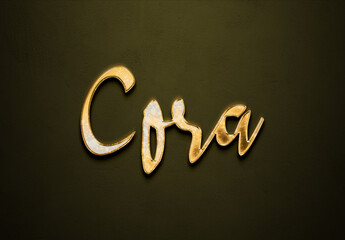 Old gold text effect of name Cora with 3D glossy style Mockup.