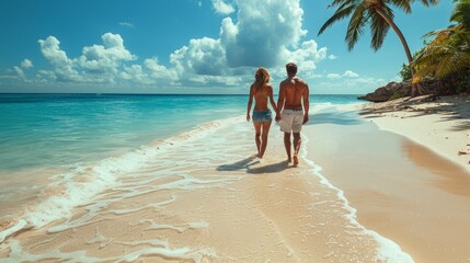 Obraz premium Young couple on white beach during summer vacation. 