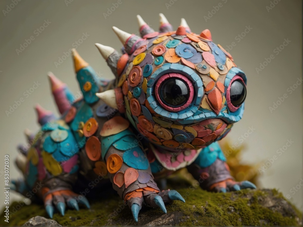 Poster a colorful 3d rendering of a fictional creature with large eyes and a spiky back. ai.