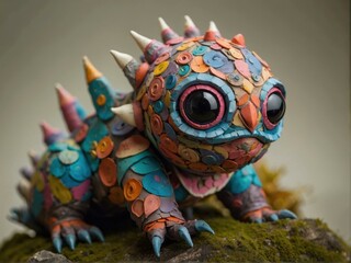 Fototapeta premium A colorful 3D rendering of a fictional creature with large eyes and a spiky back. AI.