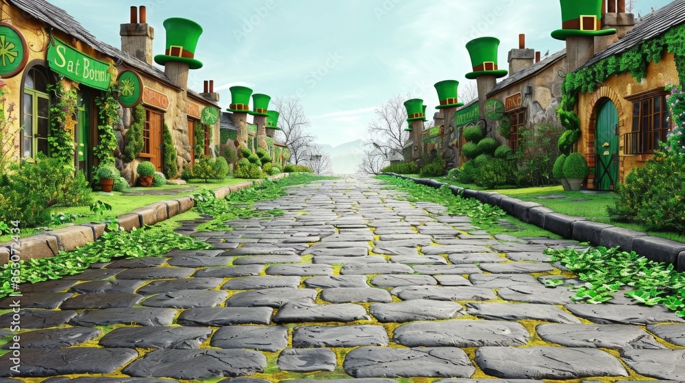 Poster create a whimsical st. patricks day background with a charming village square adorned with shamrocks