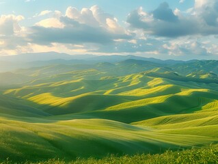 Fototapeta premium Beautiful green rolling hills under a blue sky with white clouds. AI.