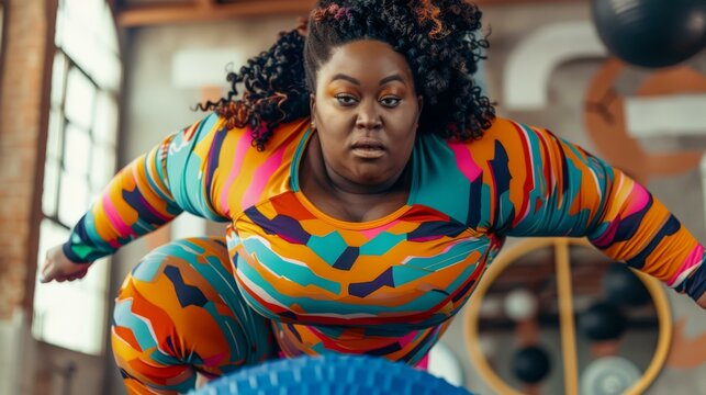 Image of a plus-size black woman in colorful sportswear exercising in a gym. AI.