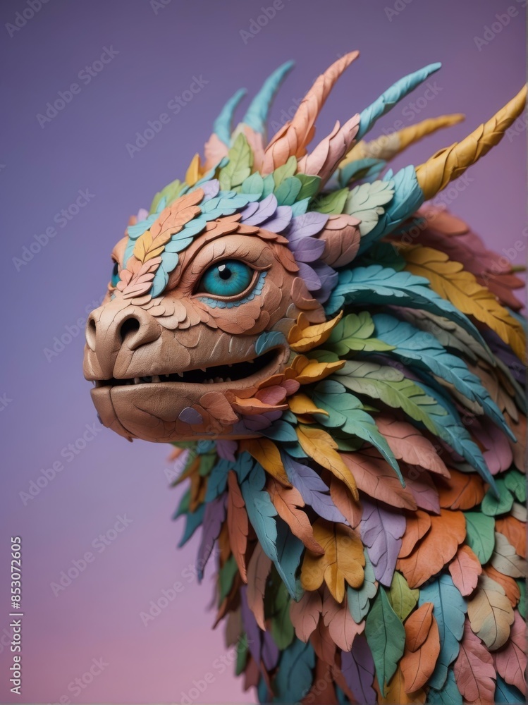 Poster a colorful 3d rendering of a dragon with leaf-like scales. ai.