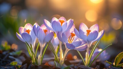 Purple crocus flowers blooming in spring. AI.