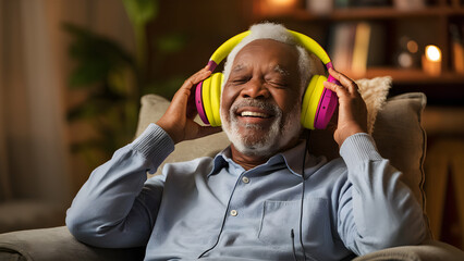 Senior man enjoying music with headphones.