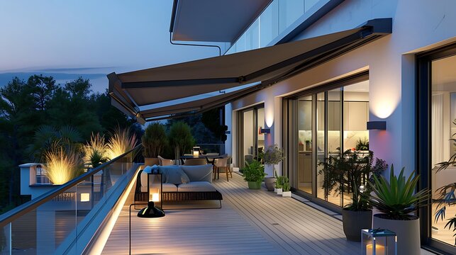 smart balcony with automated retractable awnings and lighting that creates the perfect atmosphere for evening relaxation
