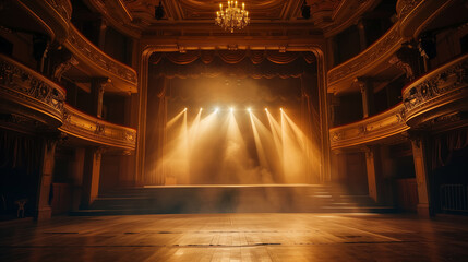 Obraz premium Wide shot of an Empty Elegant Classic Theatre with Spotlight Shot from the Stage. Well-lit Opera House with Beautiful Golden Decoration Ready to Recieve Audience for a Play or Ballet Show