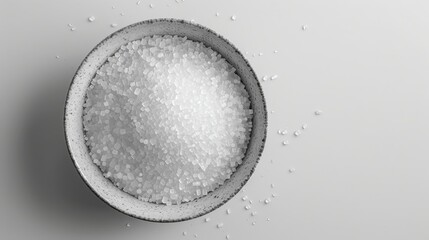Top-down perspective, minimalist bath salts display, monochrome palette, elegant and simple lines, digital 3D art, smooth textures, slightly reflective surface, calming and soothing mood.