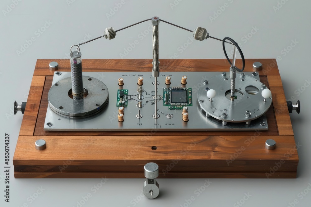 Wall mural A sleek and modern physics science kit featuring a pendulum, magnets, and a small circuit board on a neutral grey backdrop - Wall murals